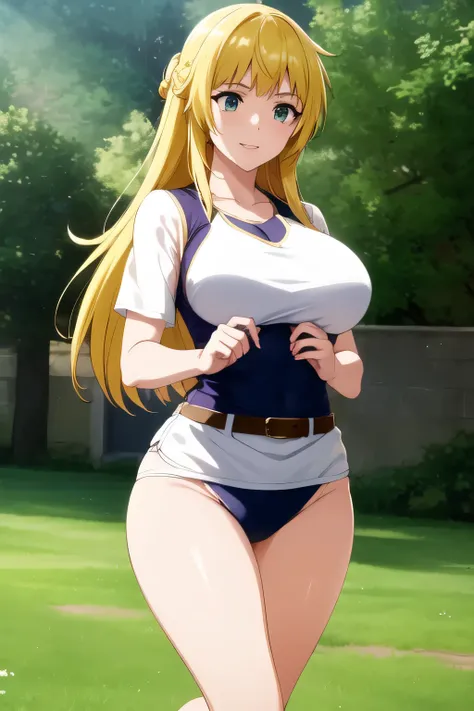 Blond wavy long-haired woman， Smile Yang   ，I'm in a vacant lot，、If possible，，can you draw high school gym clothes，WHITE SHIRT， navy blue panties，紺色Bulma，，（（（Facial expression comes first, so don't trim your face）））,，I am alone ，、sunny day、Outdoors,    ,（L...