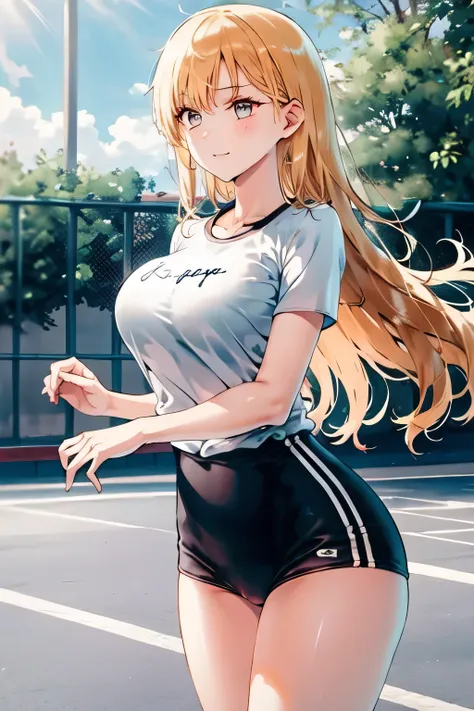 Blond wavy long-haired woman， Smile Yang    ，I'm in a vacant lot，、If possible，，can you draw high school gym clothes，WHITE SHIRT， navy blue panties，紺色Bulma，，（（（Facial expression is the best, so don't crop your face）））,，I am alone ，、sunny day、Outdoors,    ,（...