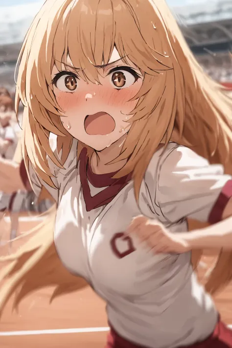 cheek-to-cheek,  two girls, Misaki Shokuhou, mikoto misaka, both wearing gym clothes,  passionate determined expression,  running at full speed, motion blur, speed lines, sweat on face,
blurred audience, sports festival, masterpiece, best quality, high det...