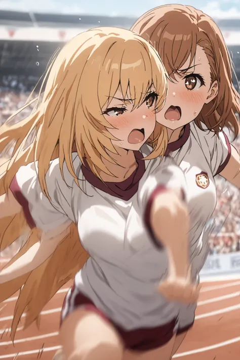 cheek-to-cheek,  mikoto misaka, Misaki Shokuhou, both wearing gym clothes,  running at full speed, motion blur, speed lines, dynamic pose, 
blurred audience, sports festival, masterpiece, best quality, high detail, high resolution