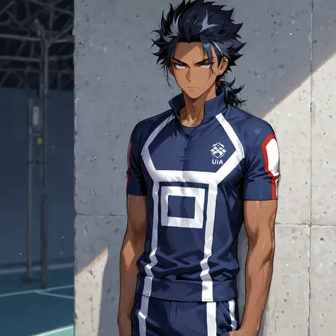 masterpiece , best quality , 1male , solo , 18 year old , male focus , masculine , dark skin , caramel skin , solo , medium hair , black colored hair , wavy spiked hair , low ponytail , relaxed grey colored eyes , <lora:ua-gym-uniform-illustriousxl-lora-no...
