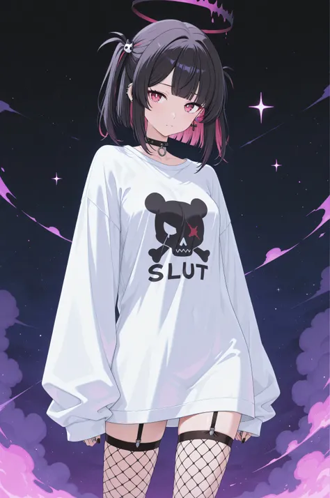 petite slut, baggy shirt, fishnet stockings, short, 