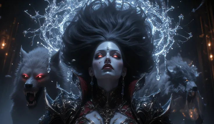 A masterfully detailed scene of supernatural tension: an exquisite vampire queen in transcendent ecstasy, her hair floating in a perfect dark halo above her head, while a massive, intricately detailed werewolf stalks behind her, every strand of fur and fan...