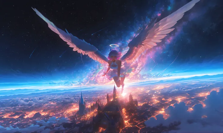 Cathedral in Space, Sharp Shots , 70mm lens , Wickedness and Darkness , Unreal Engine 5, wallpaper, colorful, very detailed, 8k, cinematic lights, realistic picture, Milky Way ,A shining white angel is flying in the sky,isometric cylindrical projection ...