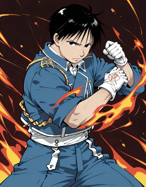 (dynamic angle,dynamic flame magic fighting stance),1boy , solo ,upperbody, male focus , roy mustang , black hair , black eyes , military_uniform,white gloves,soft lineart,memorial shot,darkness magic background,