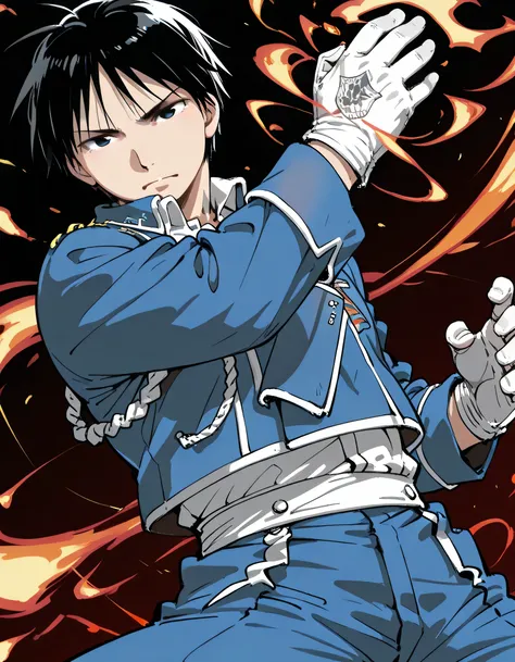 (dynamic angle,dynamic flame magic fighting stance),1boy , solo ,upperbody, male focus , roy mustang , black hair , black eyes , military_uniform,white gloves,soft lineart,memorial shot,darkness magic background,