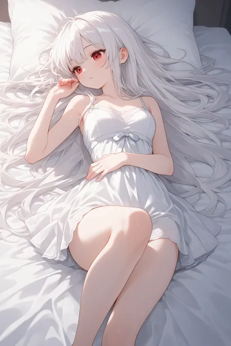 1 woman with long bright white hair, ruby red eyes, white dress, miniskirt, lying down, white bed,