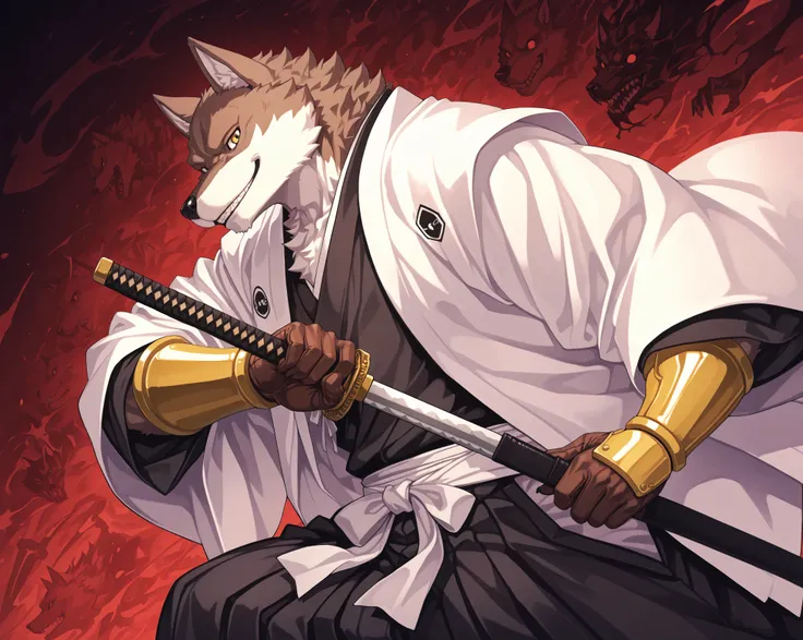 core_9, score_8_up, score_7_up, score_6_up, score_5_up, masterpiece, furry,
solo, male, wolf, Sajin Komamura,, 5 fingers, shinigami, shinigamim captain, black Kimono, hakama, white haori, golden bracers, elegant gloves, japanese Karakura city, ,Hollow mo...