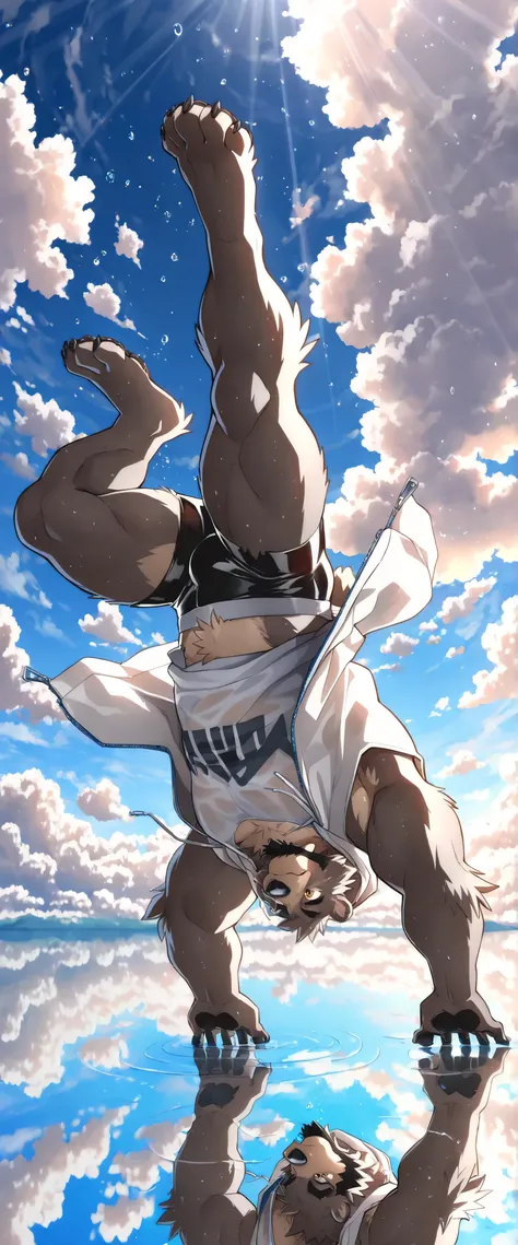 Reflection, outdoors, day, scenery, blue sky, water, cloudy sky, (masterpiece:1.2), (top quality), (beautiful detailed eyes:1.2), (highly detailed CG), (ultra detailed), (very detailed and beautiful:1.1), (perfect details:1.1), (stunning illustration), sol...