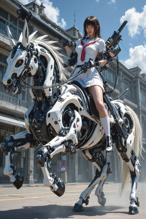 Japanese, Woman, 17age, Big breast, full body description, a woman with more than half of her body mechanized, (sailor uniform), pleated skirt, red tie, White Socks, machine-made boots, A gun with very large hands, huge sword, huge sword, huge sword,Carryi...