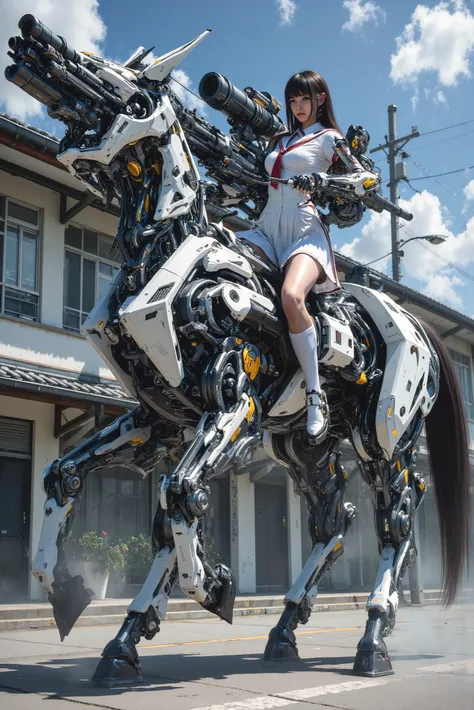 Japanese, Woman, 17age, Big breast, full body description, a woman with more than half of her body mechanized, (sailor uniform), pleated skirt, red tie, White Socks, machine-made boots, A gun with very large hands, huge sword, huge sword, huge sword,Carryi...