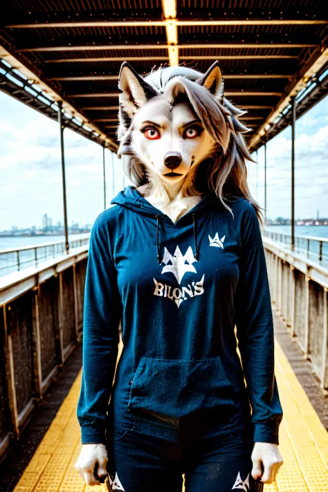 Loona, furry, realistic, fluffy tail, solo, wearing  in captain's clothes, standing on the Entrice bridge, front view, high-range shot, ultrahigh details, ultra-realistic photo, two-tone fur, gray fur, anthro, wolf girl, animal nose, wolf tail, red sclera,...