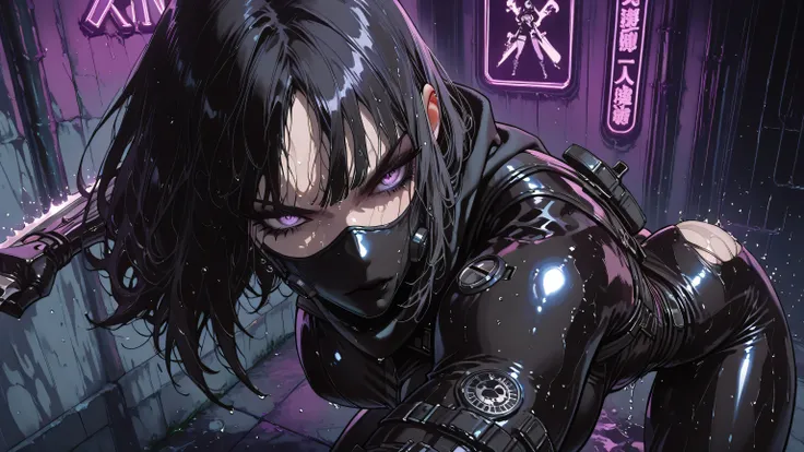 Goth girl,Goth girl 1girl,masterpiece, best quality, finely detail, "DIGITAL-ASSASSIN-23", augmented female ninja in killing dive, perfect cyber action, retractable blade arms extended, techno-organic muscle fibers visible through torn stealth suit, target...