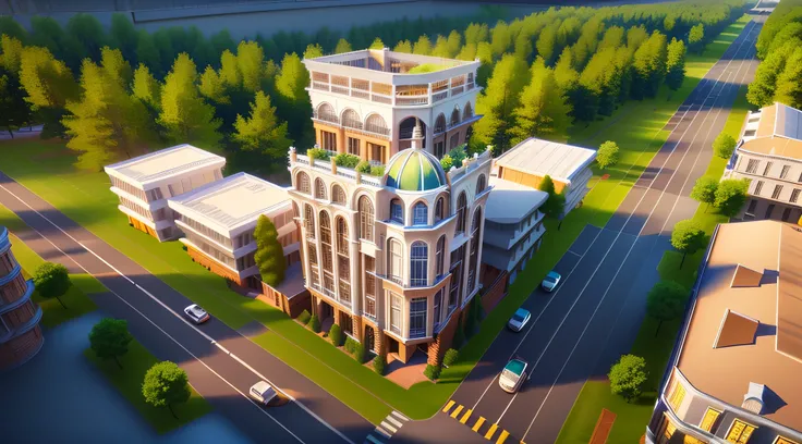 there is a large building with a clock tower at the top of it, realistic construction, architectural drawing , an extremely detailed building, multi-storey building , middle view , architectural render, high detail rendering perspective, Realistic arc...