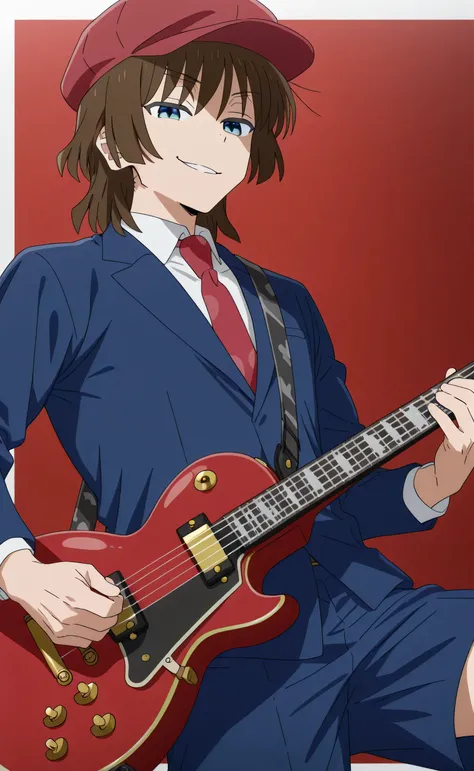 1male,solo,Angus Young,brown hair,medium hair,blue eyes,red cap,blue suit,white shirt,blue shorts,red necktie,red guitar gibson,playing guitar,smirk,muscle,Bocchi the Rock Style