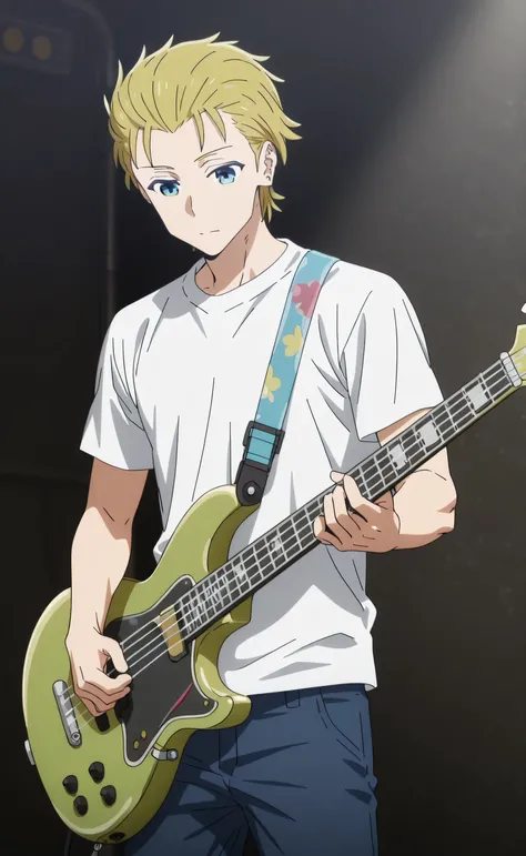 1male,solo,Hayato Hayama,slicked back hair,short hair,blue eyes,white t-shirt,blue jeans,green guitar bass,playing bass,muscle,Bocchi the Rock Style