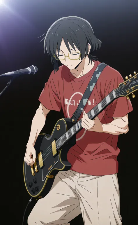 1male,solo,Shoichi Imayoshi,black hair,medium hair,wolf haircut,closed eyes,glasses,red t-shirt,beige baggy pants,singer,black guitar,playing guitar,microphone,muscle,Bocchi the Rock Style