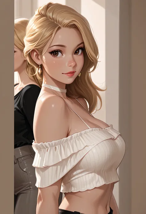 woman, fashion model, Wear an off-shoulder top, Glamour, paparazzi take pictures of her, blonde hair, Brown eyes, 8 k, high quality, masterpiece, Best quality,G-cup, HD, extremely detailed, volumetric lighting, Photorealistic