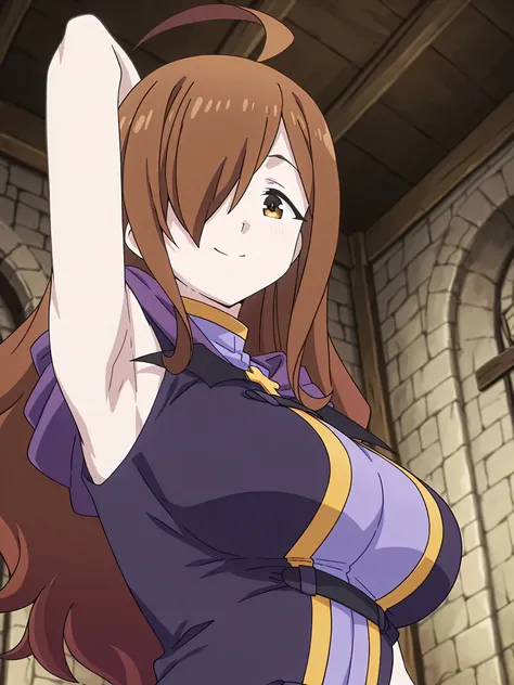 masterpiece, best quality, amazing quality, anime screencap, anime coloring, 1girl, solo, wiz,wiz \(konosuba\), long hair, light brown hair, hair over one eye, bangs,ahoge, brown eyes, large breasts, wizDress, bat wings, cross, purple long dress, hood, hoo...