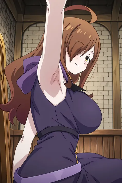 masterpiece, best quality, amazing quality, anime screencap, anime coloring, 1girl, solo, wiz,wiz \(konosuba\), long hair, light brown hair, hair over one eye, bangs,ahoge, brown eyes, large breasts, wizDress, latin cross, bat wings, purple long dress, hoo...