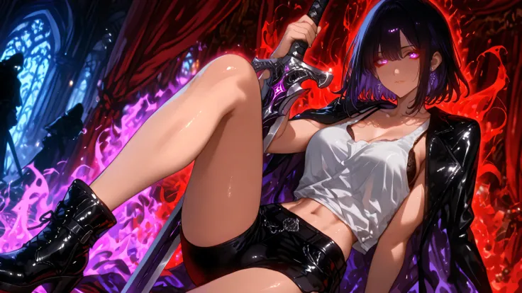 HDR,Dynamic lighting,Glowing eyes, aura, silhouette, ,raise a sword,SLshdw,
The image is a digital illustration of an anime-style character, focusing on the upper body and face, exuding a seductive and intense aura. The character is a tall, slender young w...