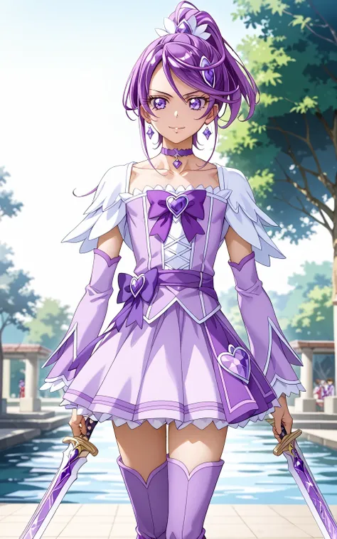 score 9 、score 8 up、score 7 up、source anime、傑作、Best quality、Best resolution、Very detailed face、Very detailed eyes、Best image quality、anime coloring、anime screencap、anime screenshot、1boy、cure sword is a boy、(manly face:1.5)、solo、boy is wearing a purple dres...