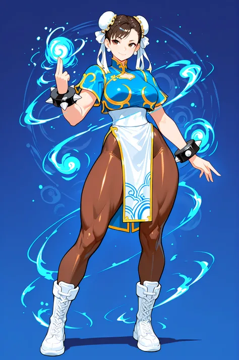 masterpiece, best quality, high resolution, graphic art, 1 girl, solo, (Chun-Li from Street Fighter), ox horn hair style, white ribbons, standing, confident smile, (classic qipao outfit:1.2), blue qipao with gold trim, side slits, white combat boots, spike...