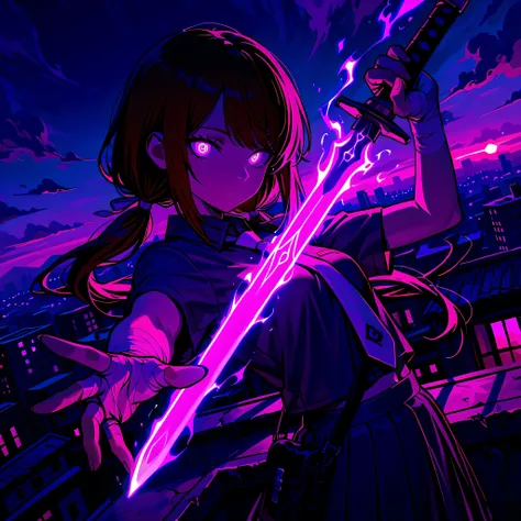 anime-style, (masterpiece:1.2, Best Quality), (finely detailed beautiful eye: 1.2), (beautiful detailed face), newest, anime, 1girl, dynamic angle, bandaged hands, action pose, close up, one black legging, from side, holding sword, dark purple sword, (dark...