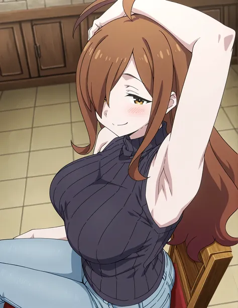 masterpiece, best quality, amazing quality, anime screencap, anime coloring, 1girl, solo, wiz,wiz \(konosuba\), long hair, light brown hair, hair over one eye, bangs,ahoge, brown eyes, large breasts, (black sweater:1.3), sleeveless sweater, ribbed sweater,...