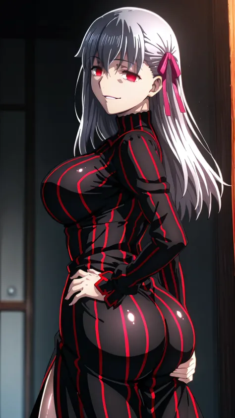 1girl, solo, ,matou sakura , Dark Persona , corruption, striped dress, Black Dress, Turtleneck, gray hair, Red Eyes, , ,ufotable style, ufotable anime.big breasts、big ass、straight long hair,high resolution, masterpiece, necessary, detail, best quality, qua...
