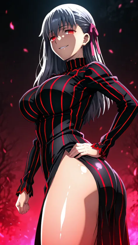 1girl, solo, ,matou sakura , Dark Persona , corruption, striped dress, Black Dress, Turtleneck, gray hair, Red Eyes, , ,ufotable style, ufotable anime.big breasts、big ass、straight long hair,high resolution, masterpiece, necessary, detail, best quality, qua...