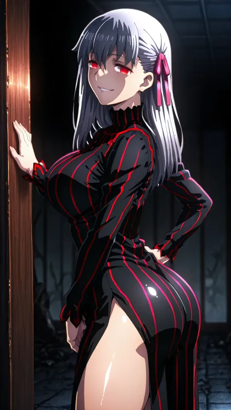 1girl, solo, ,matou sakura , Dark Persona , corruption, striped dress, Black Dress, Turtleneck, gray hair, Red Eyes, , ,ufotable style, ufotable anime.big breasts、big ass、straight long hair,high resolution, masterpiece, necessary, detail, best quality, qua...