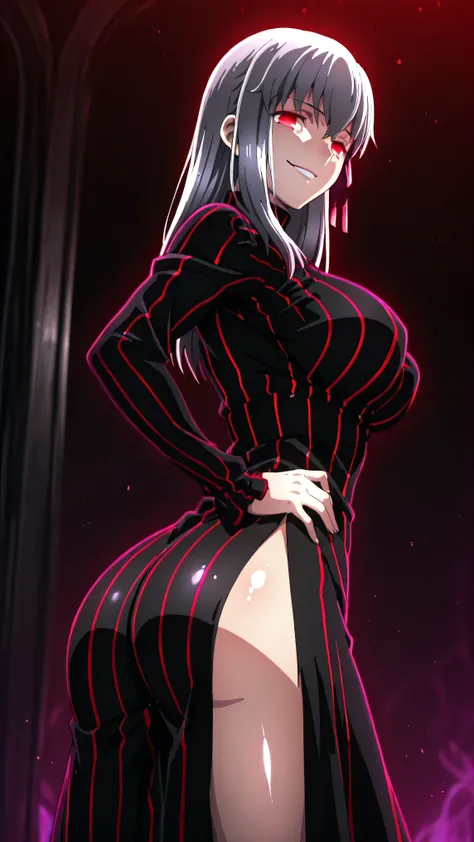1girl, solo, ,matou sakura , Dark Persona , corruption, striped dress, Black Dress, Turtleneck, gray hair, Red Eyes, , ,ufotable style, ufotable anime.big breasts、big ass、straight long hair,high resolution, masterpiece, necessary, detail, best quality, qua...