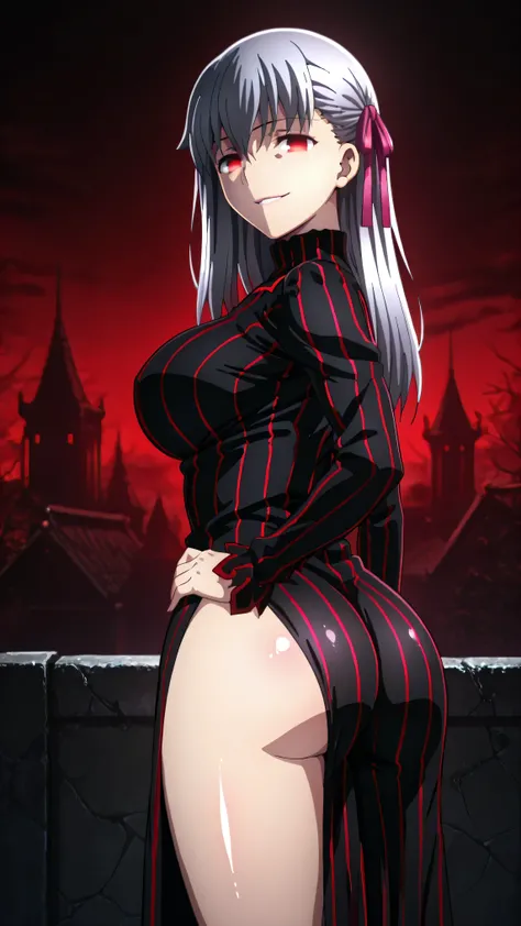 1girl, solo, ,matou sakura , Dark Persona , corruption, striped dress, Black Dress, Turtleneck, gray hair, Red Eyes, , ,ufotable style, ufotable anime.big breasts、big ass、straight long hair,high resolution, masterpiece, necessary, detail, best quality, qua...