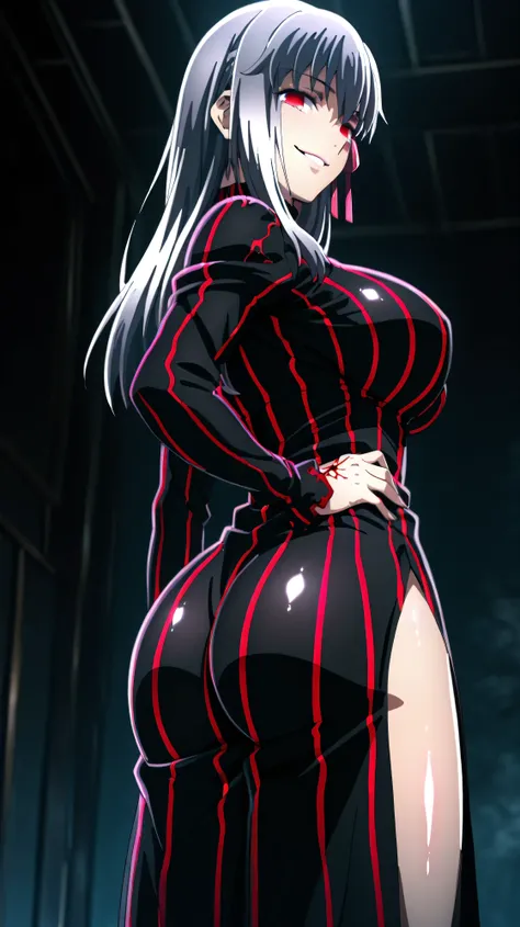 1girl, solo, ,matou sakura , Dark Persona , corruption, striped dress, Black Dress, Turtleneck, gray hair, Red Eyes, , ,ufotable style, ufotable anime.big breasts、big ass、straight long hair,high resolution, masterpiece, necessary, detail, best quality, qua...