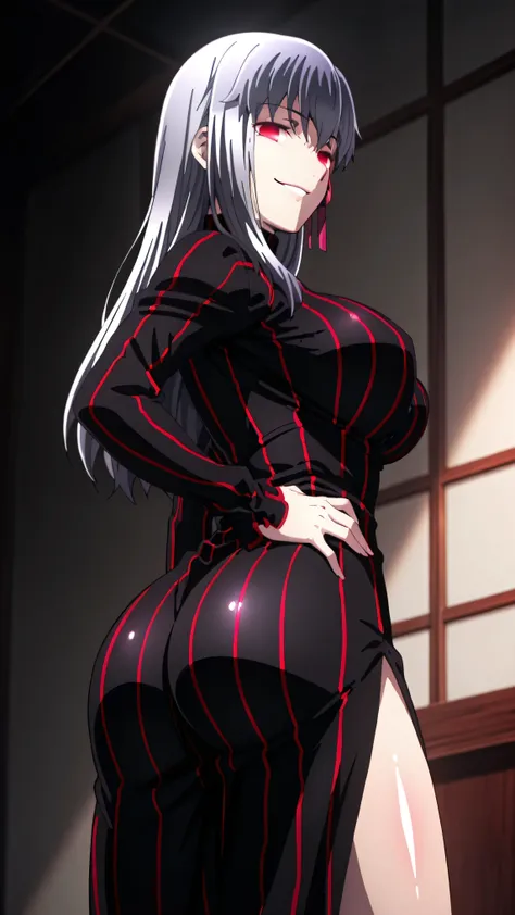 1girl, solo, ,matou sakura , Dark Persona , corruption, striped dress, Black Dress, Turtleneck, gray hair, Red Eyes, , ,ufotable style, ufotable anime.big breasts、big ass、straight long hair,high resolution, masterpiece, necessary, detail, best quality, qua...