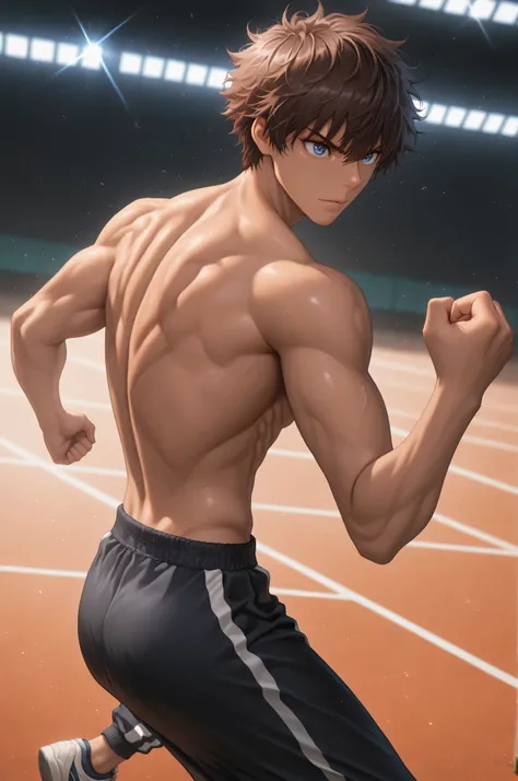 masterpiece, top quality, ultimate detail 1 boy, athletic body shape for months, black disheveled hair, deep blue eyes, healthy tan skin, Tall, wide shoulders, toned physique,Shirtless, Rin々Expression, Stance with a Stretched Back {x}, confident standing ,...