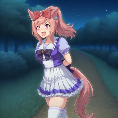 anime, lazypos, masterpiece, best quality, amazing quality, outside, night, night time, 1girl, couple, agnes digital, horse girl, hair bow, red bow, TracenShort, tracen school uniform, purple sailor shirt, white pleated skirt, white thighhighs, brown loafe...