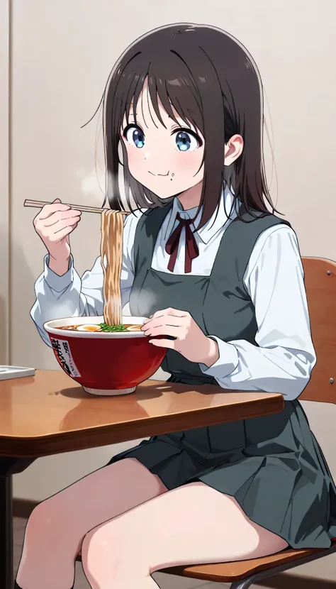 An image of Haruyama Hana, blue eyes, ,cuerpo delgado , happy, tight school uniform, tight white shirt, mini pleated, collared shirt,  , grey vest, long sleeves, retractable microskirt , black socks, Sitting ,   eating ramen 