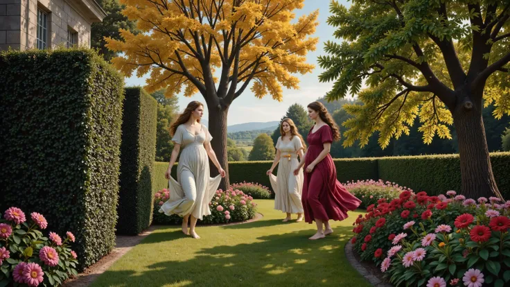 An enchanted garden bathed in the golden light of dusk, filled with leafy trees with gleaming leaves and golden fruits—magical apples that shine like tiny suns. In the center, three nymphs—the Hesperides—dance gracefully among exotic flowers, their flowing...