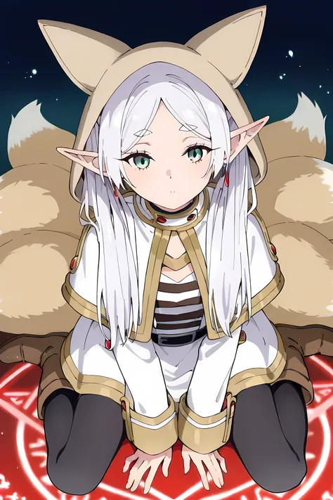 score_9, score_8_superior, score_7_superior, masterpiece, best quality, absurdres, high_fidelity, vibrant, sauce_anime, (rating_explicit:0.7), masterpiece, Highest quality, Adorable, 1girl, solo, Frieren, ANHD, animal_hood, Fox costume, (white fox:1.2), 9 ...