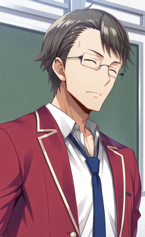 1male,solo,Shoichi Imayoshi,black hair,short hair,closed eyes,square glasses,black glasses,red blazer,white shirt,blue necktie,neckless,muscle,classroom,Classroom of the Elite