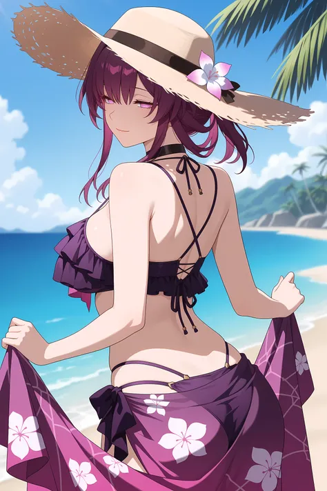 masterpiece, best quality, amazing quality, very aesthetic, colorful, rating:safe, from behind, kafka_(honkai Star rail), 1girl, mature female, half-closed eyes, light smile, looking back, folded hair, breasts, hips, sunhat, choker, dark purple bikini, fri...