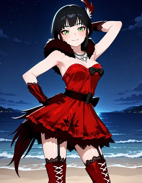 Milrwby, short hair, black hair, green eyes, feather hair ornament, necklace, long red gloves, red dress, red thigh boots, garter straps, high heels, black bow, black boa, anime screencap, shiny skin, high quality, solo, three-quarter cowboy shot, (contrap...