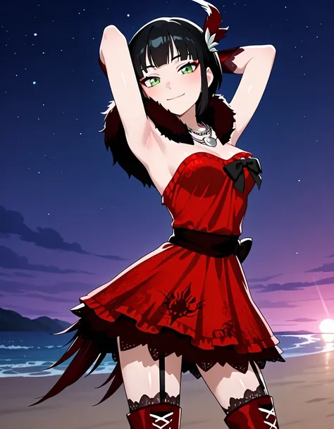 Milrwby, short hair, black hair, green eyes, feather hair ornament, necklace, long red gloves, red dress, red thigh boots, garter straps, high heels, black bow, black boa, anime screencap, shiny skin, high quality, solo, three-quarter cowboy shot, (contrap...
