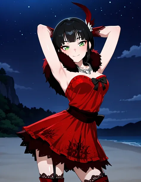 Milrwby, short hair, black hair, green eyes, feather hair ornament, necklace, long red gloves, red dress, red thigh boots, garter straps, high heels, black bow, black boa, anime screencap, shiny skin, high quality, solo, three-quarter cowboy shot, (contrap...