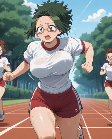 Himiko Agari, bangs, green eyes, green hair, medium hair, ponytail, glasses, large breasts, curvy, gym uniform, short pants, thighs, (sweat, closed one eye tightly:1.2), open mouth, steam, running, (running motion, bouncing breasts:1.2), running machine, ,...
