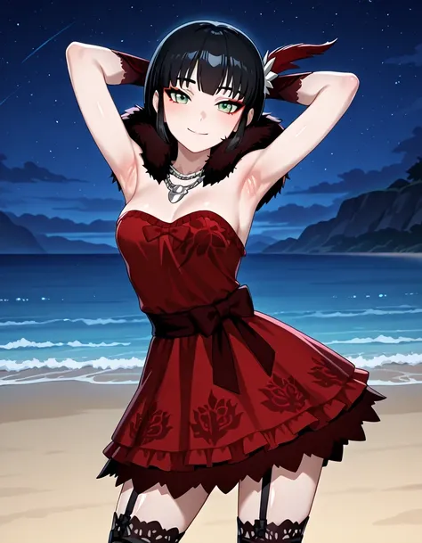 Milrwby, short hair, black hair, green eyes, feather hair ornament, necklace, red dress, garter black bow, black boa, anime screencap, shiny skin, high quality, solo, upper body, (contrapposto), <lora:spread-armpit-illustriousxl-lora-nochekaiser:1>, spread...