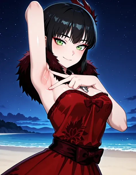 Milrwby, short hair, black hair, green eyes, feather hair ornament, necklace, red dress, garter black bow, black boa, anime screencap, shiny skin, high quality, solo, upper body, (contrapposto), <lora:spread-armpit-illustriousxl-lora-nochekaiser:1>, spread...