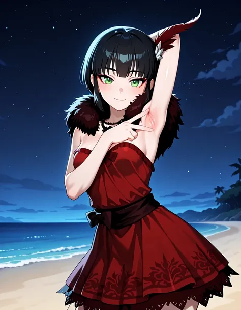 Milrwby, short hair, black hair, green eyes, feather hair ornament, necklace, red dress, black boa, anime screencap, shiny skin, high quality, solo, upper body, (contrapposto), <lora:spread-armpit-illustriousxl-lora-nochekaiser:1>, spread armpit, armpits, ...